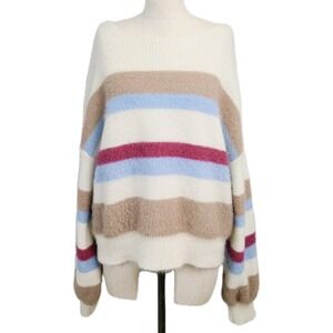 Flat White‎ Anthro Fluffy Stripe Cozy Multicolor Oversized Sweater M Fall Winter